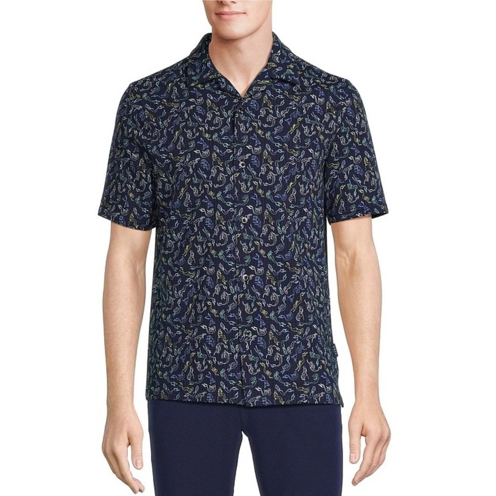 NWT Rowm XXL Blue Sirena The Weekender Short Sleeve Jacquard Mermaid Print Shirt
